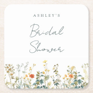 Elegant Wildflower Bridal Shower Square Paper Coaster
