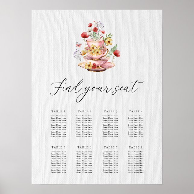 Elegant Wildflower Bridal Tea Party Seating Chart (Front)