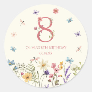 Elegant Wildflower Butterfly 8th Birthday Party Classic Round Sticker
