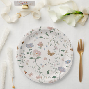 Elegant Wildflower & Butterfly Toile-De-Jouy  Paper Plate