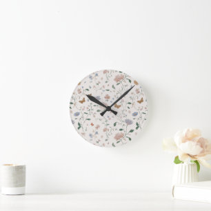 Elegant Wildflower & Butterfly Toile-De-Jouy Round Clock