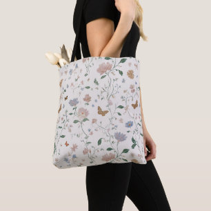 Elegant Wildflower & Butterfly Toile-De-Jouy  Tote Bag