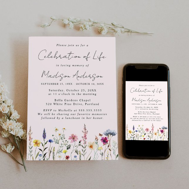 Elegant Wildflower Celebration of Life Funeral Invitation (Creator Uploaded)