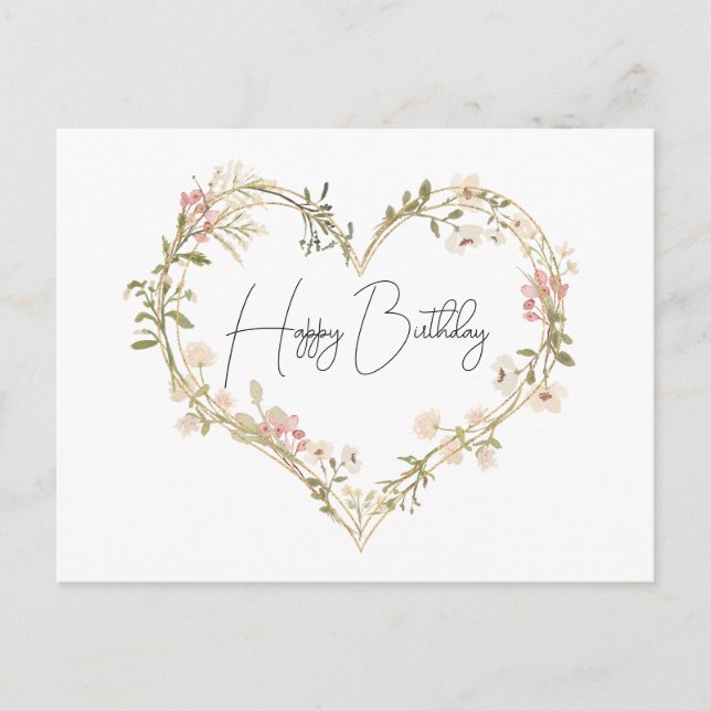 Elegant Wildflower Cream Pink Heart Happy Birthday Postcard (Front)