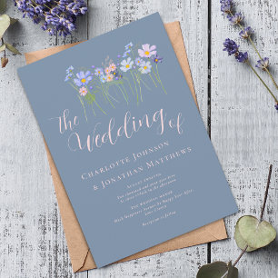 Elegant Wildflower Dusty Blue Pink Floral Wedding Invitation