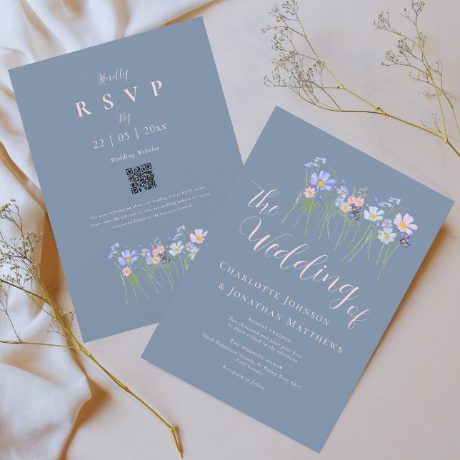 Elegant Wildflower Dusty Blue Pink Wedding QR Code Invitation (Elegant wildflower meadow dusty blue blush pink floral wedding qr code invitation)