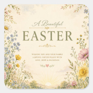 Elegant Wildflower Easter Greeting, Floral Design Square Sticker