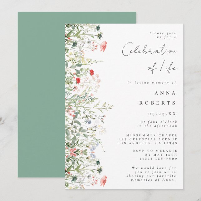 Elegant Wildflower Field Celebration of Life Invitation (Front/Back)