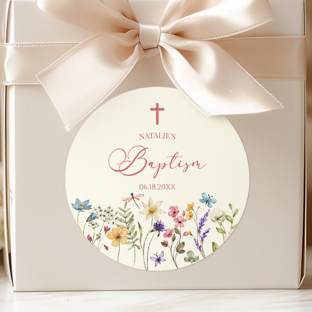Elegant Wildflower Floral Baptism Classic Round Sticker (Creator Uploaded)