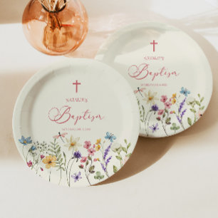 Elegant Wildflower Floral Baptism Paper Plate