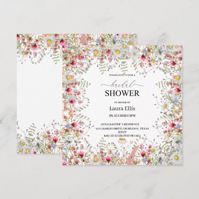 Elegant wildflower floral bridal shower invitation (Front/Back)