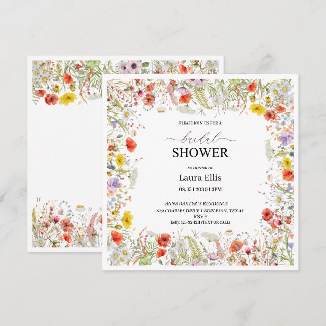 Elegant wildflower floral bridal shower invitation (Front/Back)