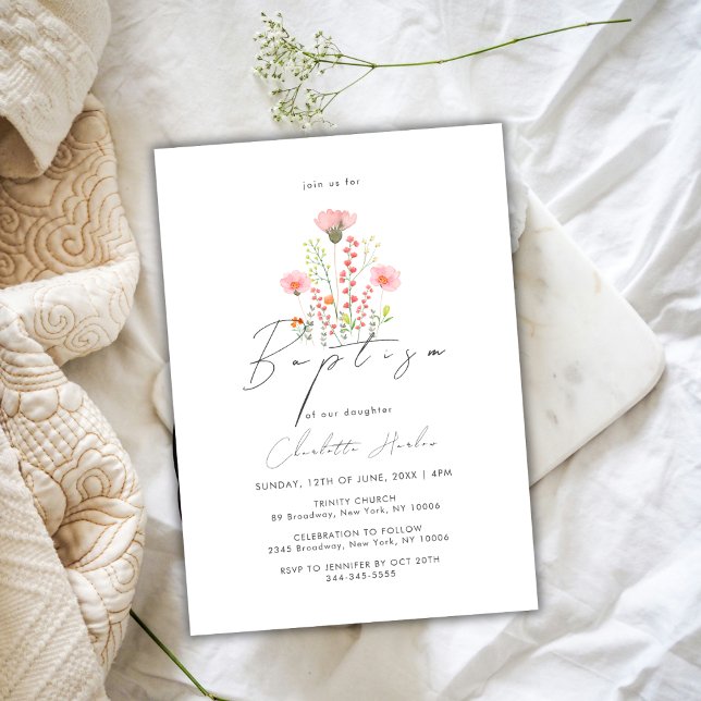 Elegant Wildflower Floral Calligraphy Baptism Invitation (Elegant Wildflower Floral Calligraphy Baptism Invitation)