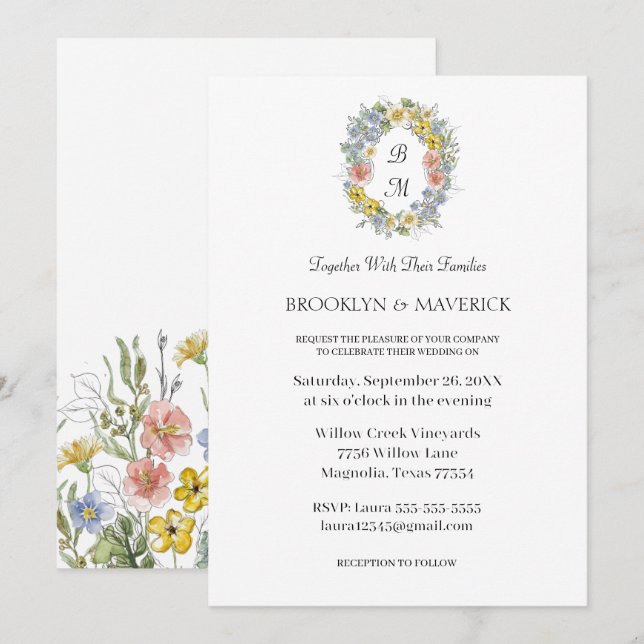 Elegant Wildflower Floral Monogram Crest Wedding Invitation (Front/Back)