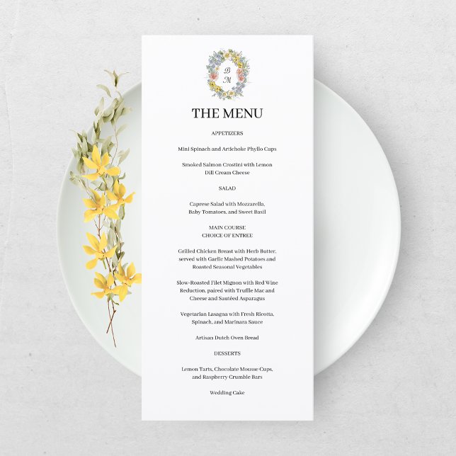 Elegant Wildflower Floral Monogram Crest Wedding Menu (Creator Uploaded)