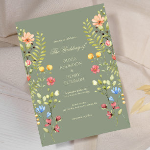 Elegant Wildflower Floral Sage  QR Code Wedding  Invitation