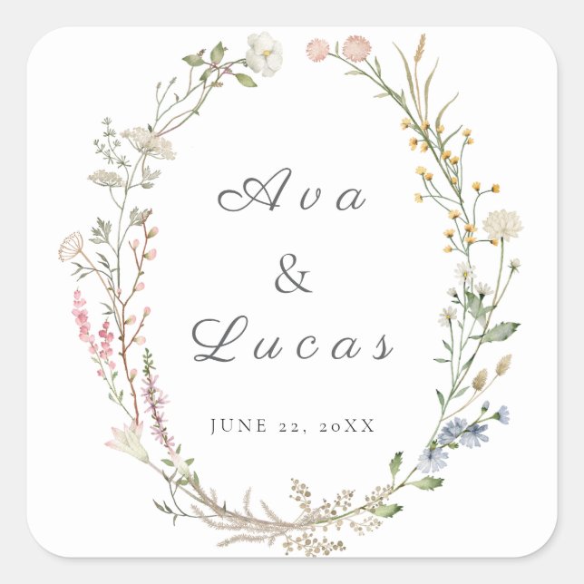 Elegant Wildflower Floral Wedding Garden Greenery Square Sticker (Front)