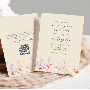 Elegant wildflower garden beige QR RSVP wedding Invitation