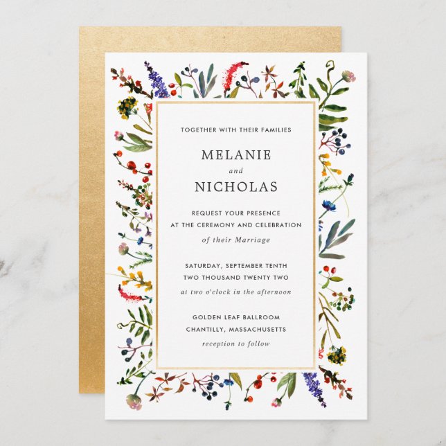 Elegant Wildflower + Gold Wedding invitation (Front/Back)