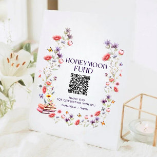 Elegant Wildflower Honeymoon Fund QR Code Wedding Pedestal Sign