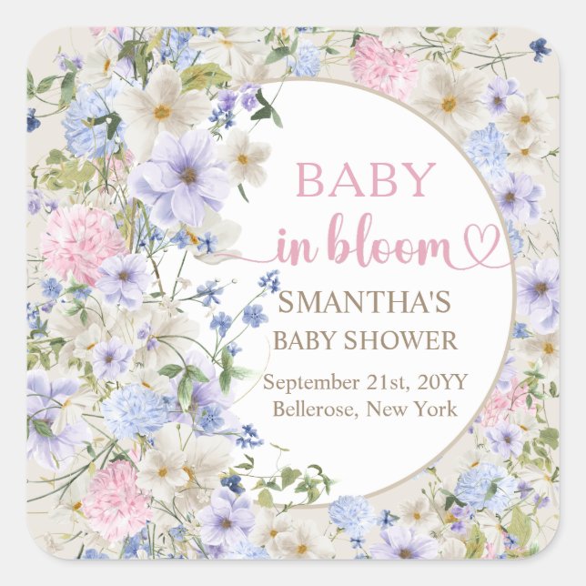 Elegant Wildflower Meadow Blush Pink Baby Shower Square Sticker (Front)