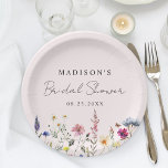 Elegant Wildflower Meadow Blush Pink Bridal Shower Paper Plate<br><div class="desc">Elegant floral bridal shower paper plates featuring a bottom border of watercolor wildflowers and foliage in shades of pink, yellow, purple, blue, and green on a blush pink background. Personalize the wildflower bridal shower paper plates with the bride-to-be's name and the date. The personalized wildflower paper plates are perfect for...</div>