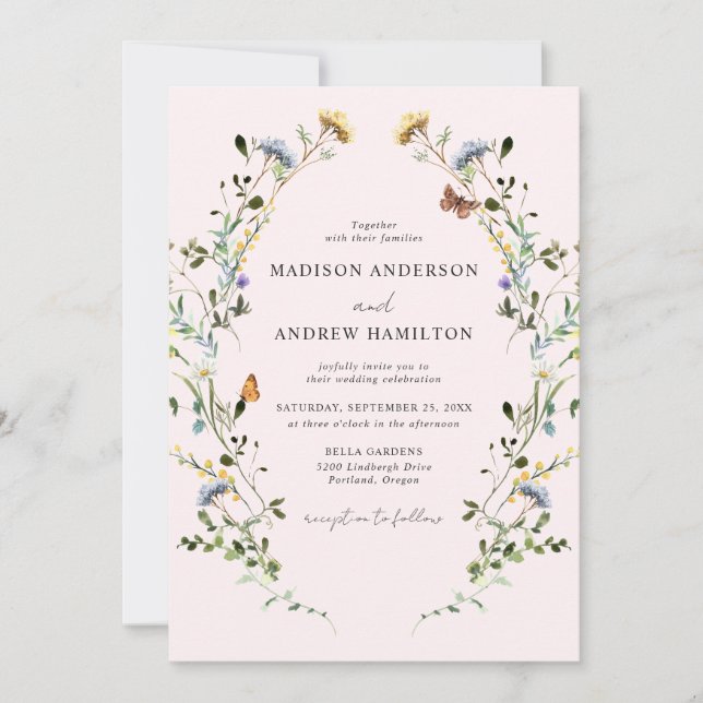 Elegant Wildflower Meadow Blush Pink Wedding Invitation (Front)