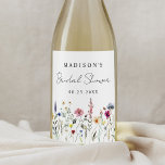 Elegant Wildflower Meadow Bridal Shower Wine Label<br><div class="desc">Elegant floral bridal shower wine labels featuring a bottom border of watercolor wildflowers and foliage in shades of pink, yellow, purple, blue, and green on a white background. Personalize the wildflower bridal shower wine labels with the bride-to-be's name and the date. The personalized wildflower wine labels are perfect for spring...</div>