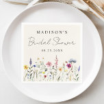 Elegant Wildflower Meadow Cream Bridal Shower Napkin<br><div class="desc">Elegant floral bridal shower napkins featuring a bottom border of watercolor wildflowers and foliage in shades of pink, yellow, purple, blue, and green on a cream background. Personalize the wildflower bridal shower napkins with the bride-to-be's name and the date. The personalized wildflower napkins are perfect for spring and summer bridal...</div>