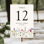 Elegant Wildflower Meadow Cream Wedding Table Number<br><div class="desc">Elegant floral wedding table number cards featuring watercolor wildflowers and foliage in shades of pink, yellow, purple, blue, and green bordering the bottom of the design on a cream background. The design repeats on the back. The rustic wildflower wedding table cards are perfect for spring and summer weddings. To order...</div>