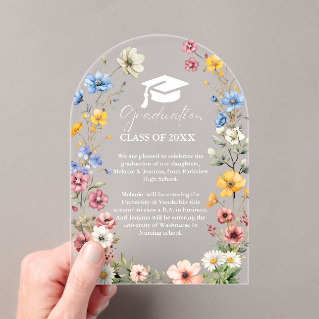 Elegant Wildflower Meadow Garden Twin Graduation Acrylic Invitations (Insitu (Handheld))