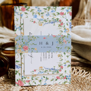 Elegant Wildflower Monogram Blue Floral Wedding  Invitation Belly Band