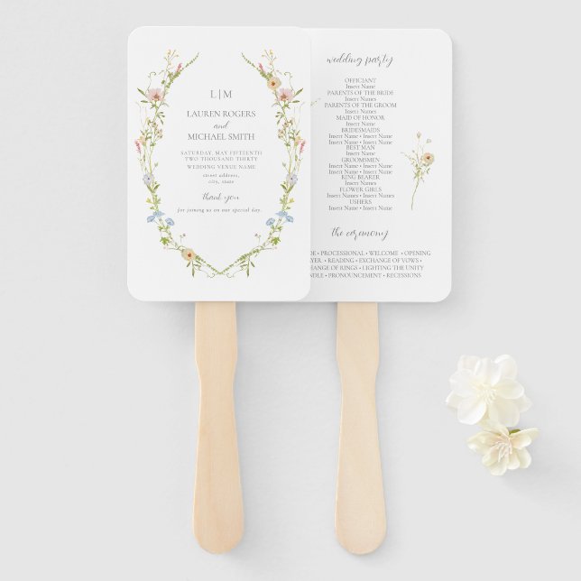 Elegant Wildflower Monogram Garden Wedding Program Hand Fan (Front and Back)