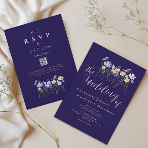 Elegant Wildflower Navy Blue Blush Pink QR Code Invitation