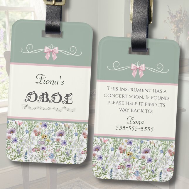Elegant Wildflower Oboe Instrument Case Tag (Sage Green Oboe Case Tag with Custom Name and Wildflowers in a Cottagecore Music Room)