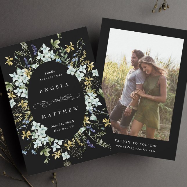Elegant Wildflower Oval Frame Wedding Photo Black Save The Date (Creator Uploaded)