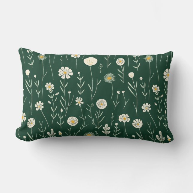 Elegant Wildflower Pattern on Dark Green  Lumbar Pillow (Front)