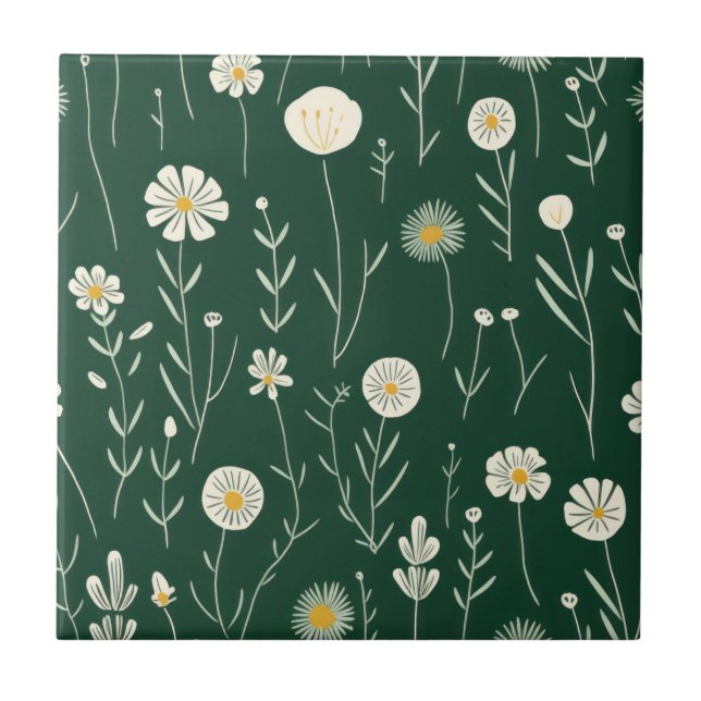 Elegant Wildflower Pattern on Dark Green  Tile (Front)