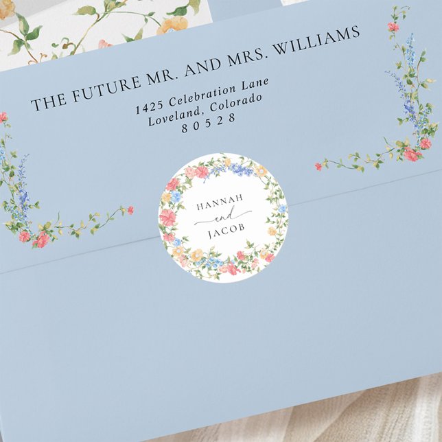Elegant Wildflower Personalized Wedding Envelope Classic Round Sticker (Creator Uploaded)