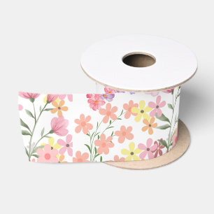 Elegant Wildflower Pink Flower Garden Satin Ribbon