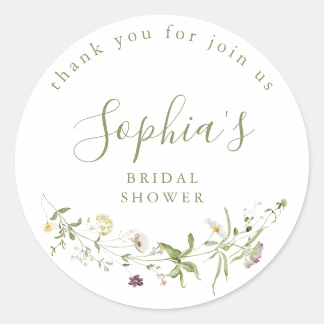 Elegant Wildflower Rustic Boho Bridal Shower  Classic Round Sticker (Front)