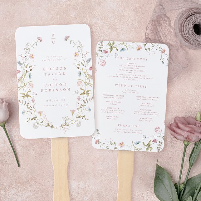 Elegant Wildflower Rustic Boho Wedding Program Hand Fan (Elegant Pink Wildflower Rustic Boho Wedding Program Hand Fan)