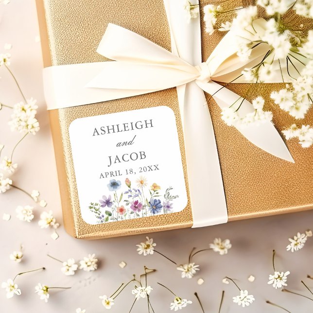 Elegant Wildflower Spring Wedding Personalized Square Sticker (Creator Uploaded)