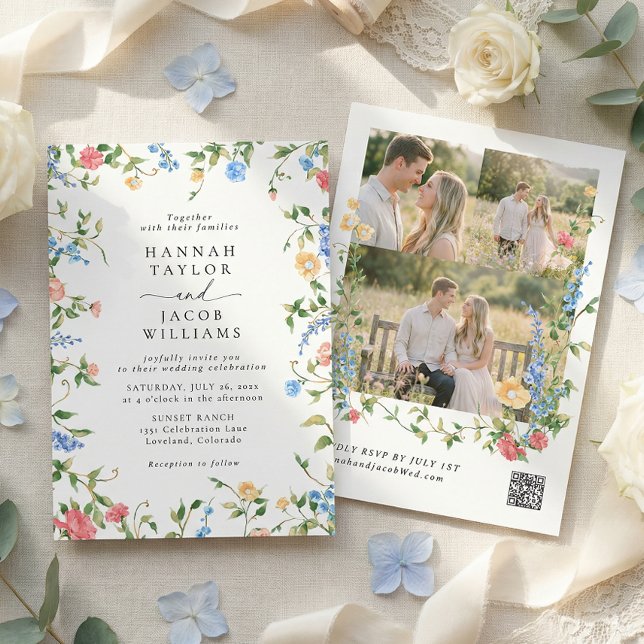 Elegant Wildflower Three Photo RSVP Wedding Invitation (Creator Uploaded)