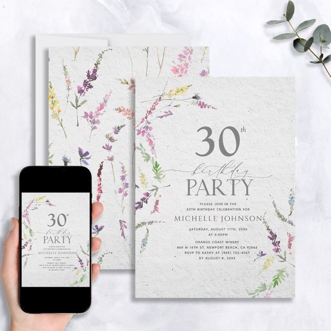 Elegant Wildflower Watercolor Floral 30th Birthday Invitation (Creator Uploaded)