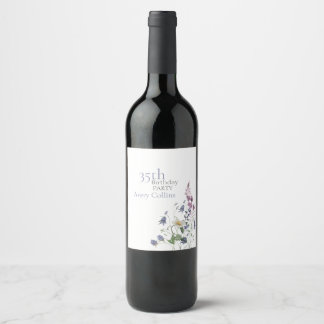 Elegant Wildflower Watercolor Floral 35th Birthday Wine Label