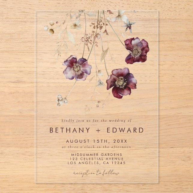 Elegant Wildflower Wedding Acrylic Invitations (Front)