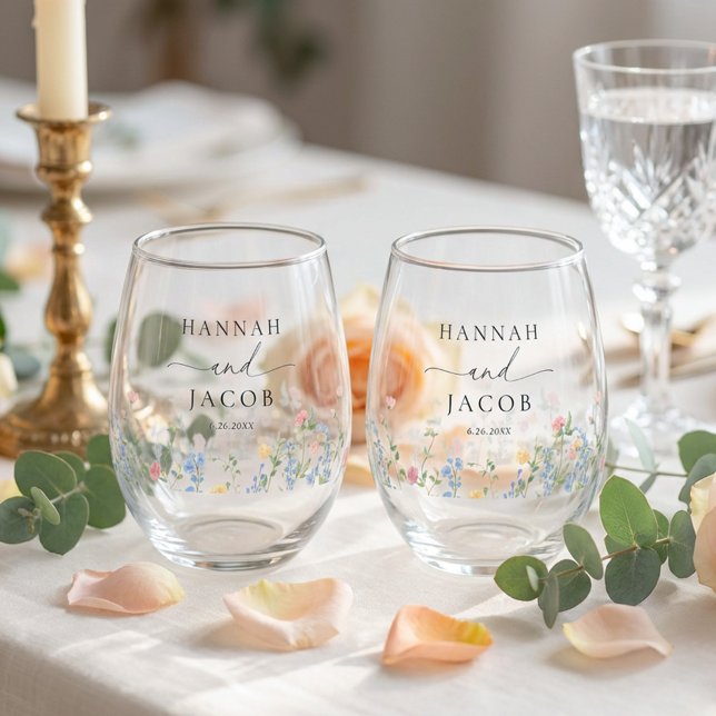 Elegant Wildflower Wedding Couple Drinkware Set Stemless Wine Glass (Creator Uploaded)