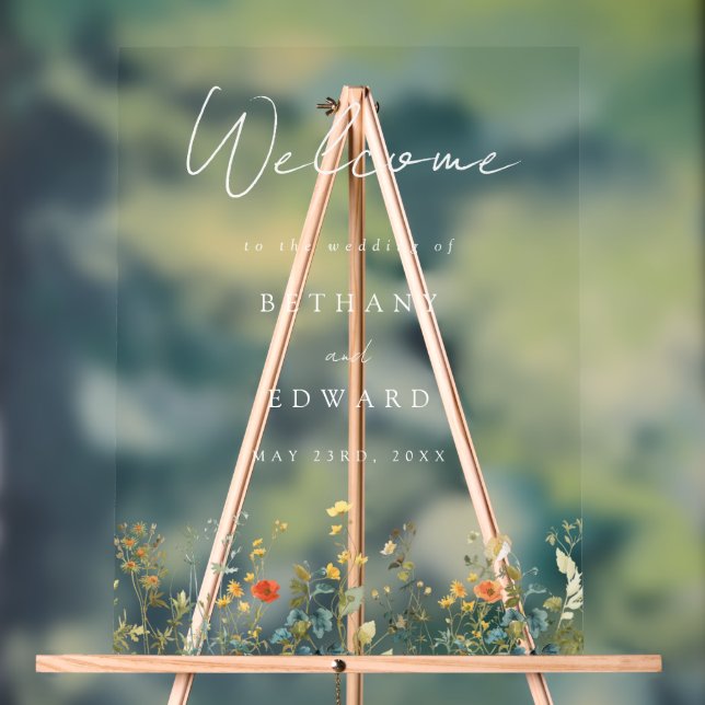 Elegant Wildflower Wedding Welcome Acrylic Sign (Neutral)
