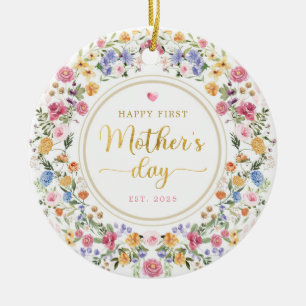 Elegant Wildflower Wreath 1st Mother's Day Gift Ceramic Ornament